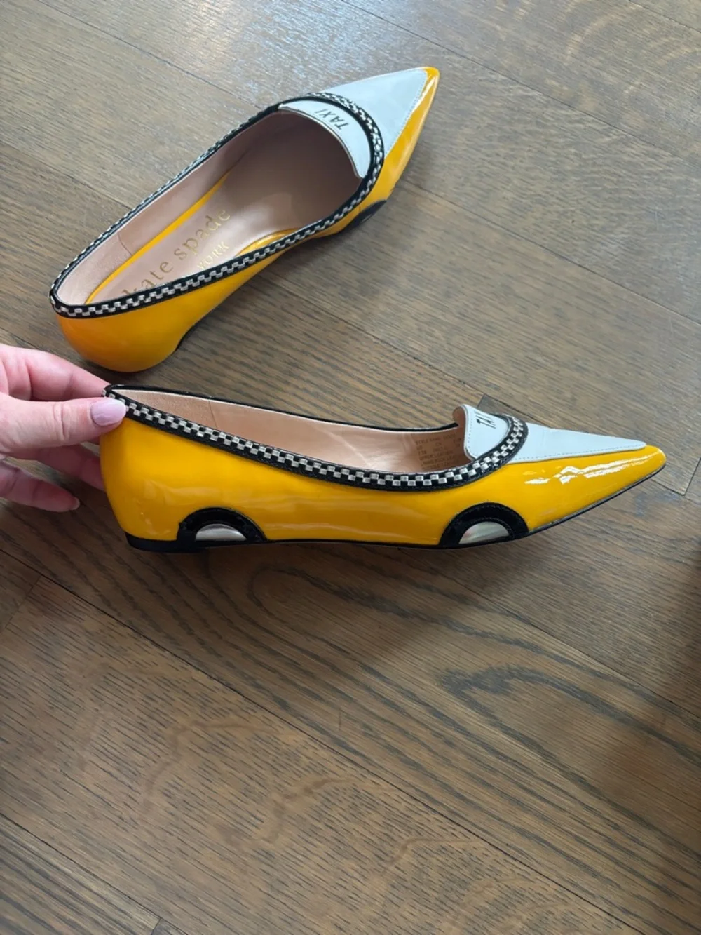 kate spade Yellow, White & Black Pointed Toe Flats with 'TAXI' Detail - Picture 2 of 3